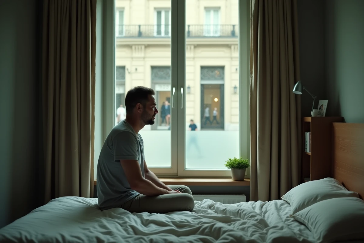Homme assis dans la chambre d'un T2 en rez-de-chaussée avec une fenêtre donnant sur la rue, illustrant le manque d'intimité