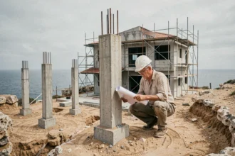 Architecte examinant les plans sur un chantier de construction de villa en bord de mer avec fondations en béton et vue sur l'océan