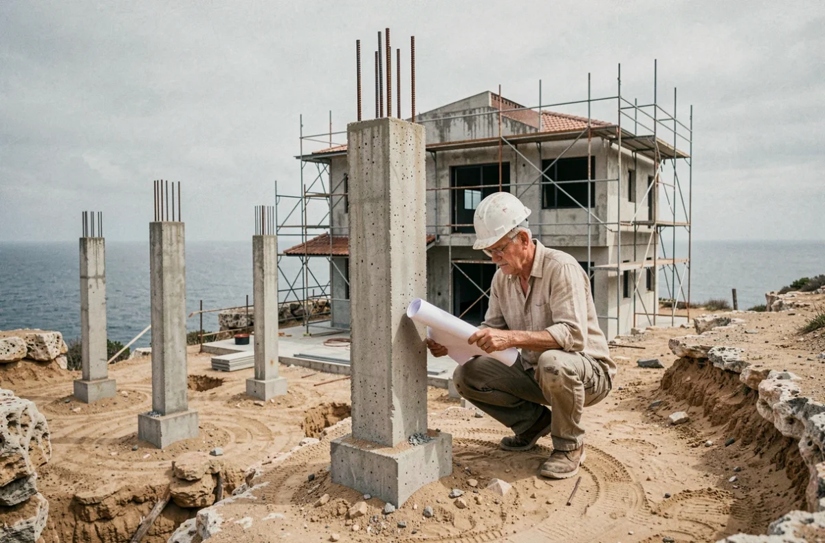 Architecte examinant les plans sur un chantier de construction de villa en bord de mer avec fondations en béton et vue sur l'océan