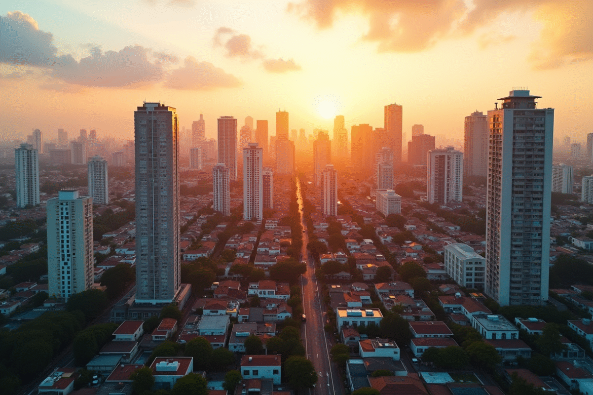 Vue aérienne d une ville moderne au coucher du soleil