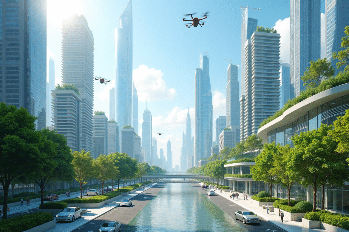 Silhouette d'une ville futuriste en 2032 avec gratte-ciel écologiques