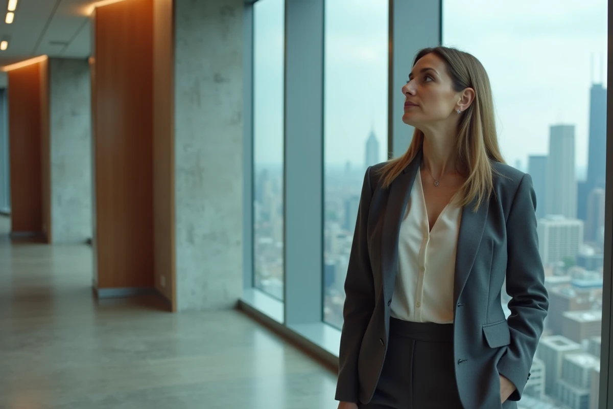 Femme d'affaires contemplant le panorama de Chicago depuis un étage supérieur du Citadel Center, illustrant les espaces de bureaux emblématiques de la tour