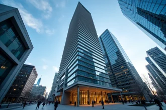Vue en contre-plongée de la façade en verre du Citadel Center de Chicago, révélant ses nombreux étages emblématiques depuis le niveau de la rue