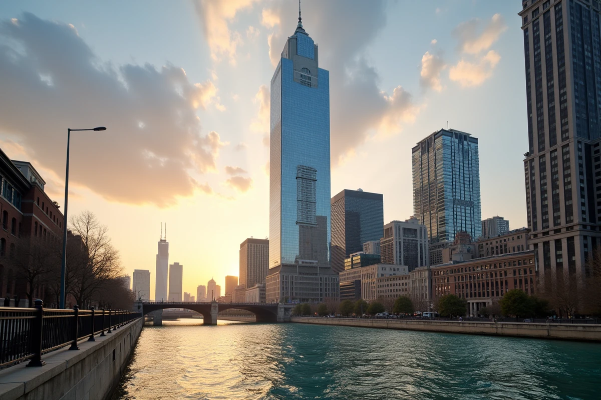 Vue panoramique du Citadel Center depuis les berges de la Chicago River, mettant en valeur la hauteur et les étages distinctifs de la tour emblématique