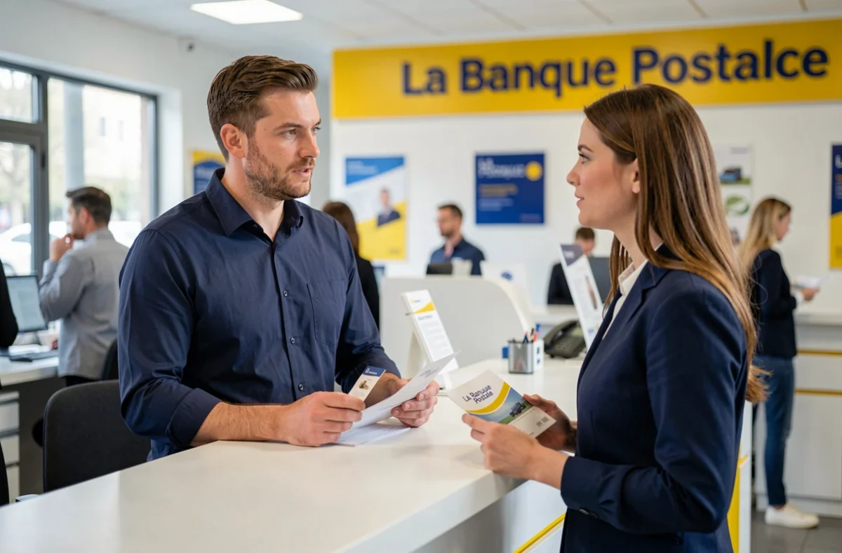 Client discutant de son contrat assurance habitation avec un conseiller La Banque Postale en agence