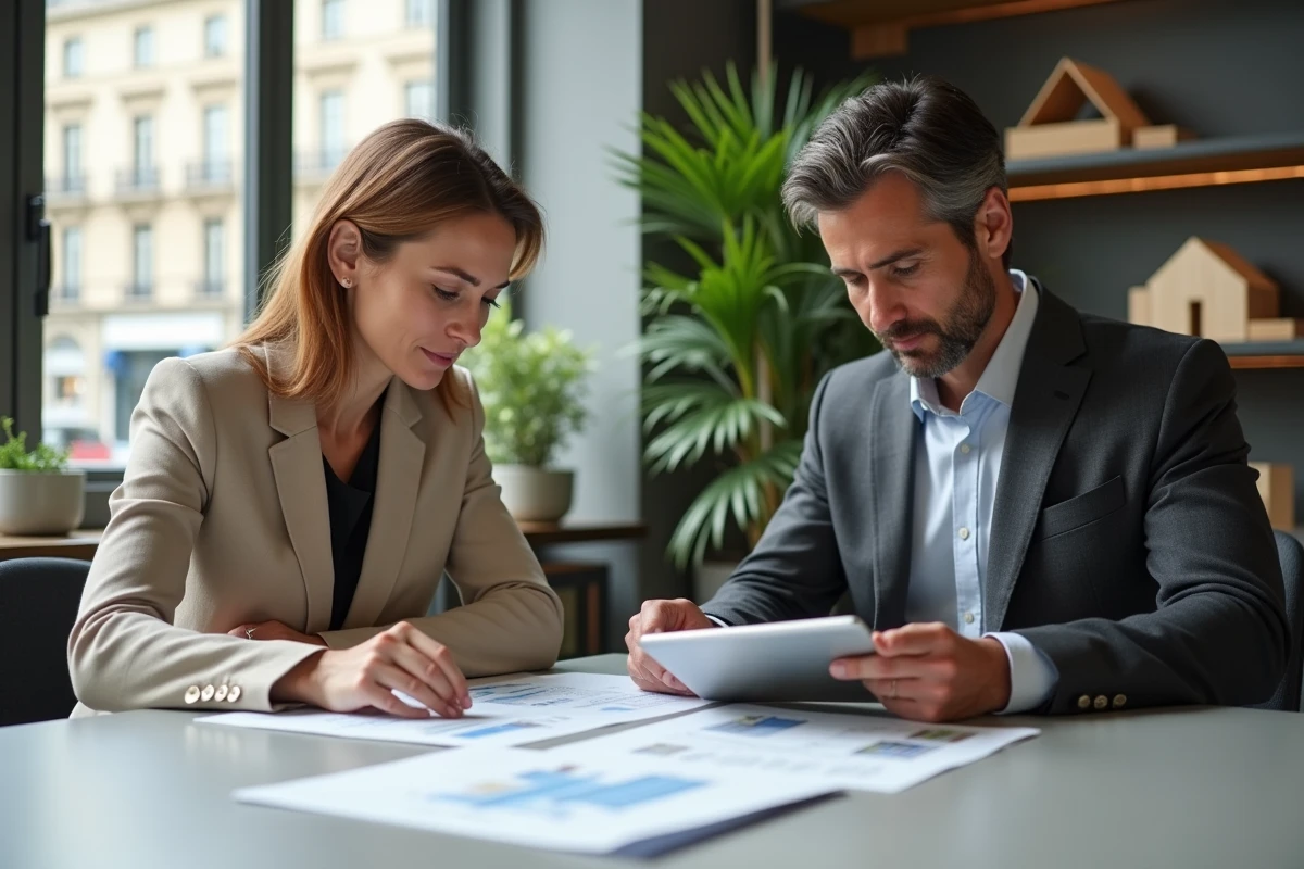 Couple de clients consultant des documents immobiliers dans une agence moderne à Paris, représentant l'expérience client chez Kretz Family Real Estate