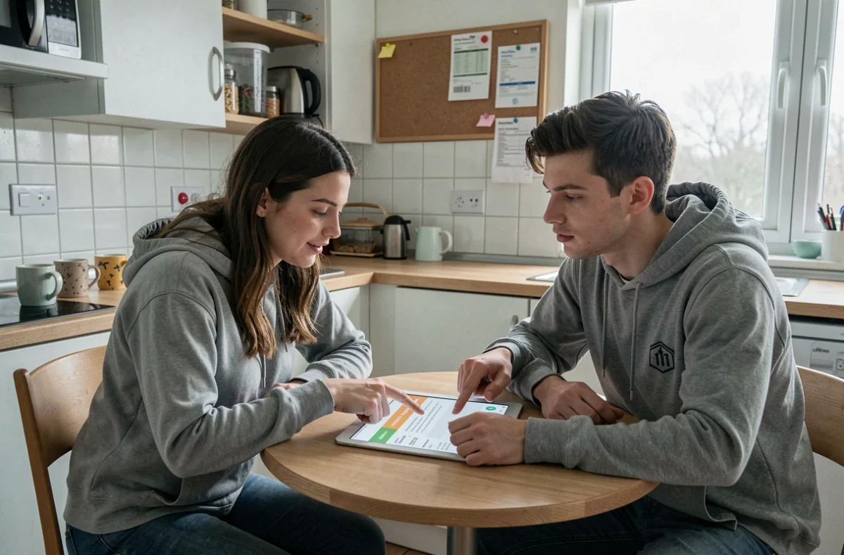 Deux colocataires étudiants comparant des offres d'assurance habitation sur une tablette dans leur cuisine partagée