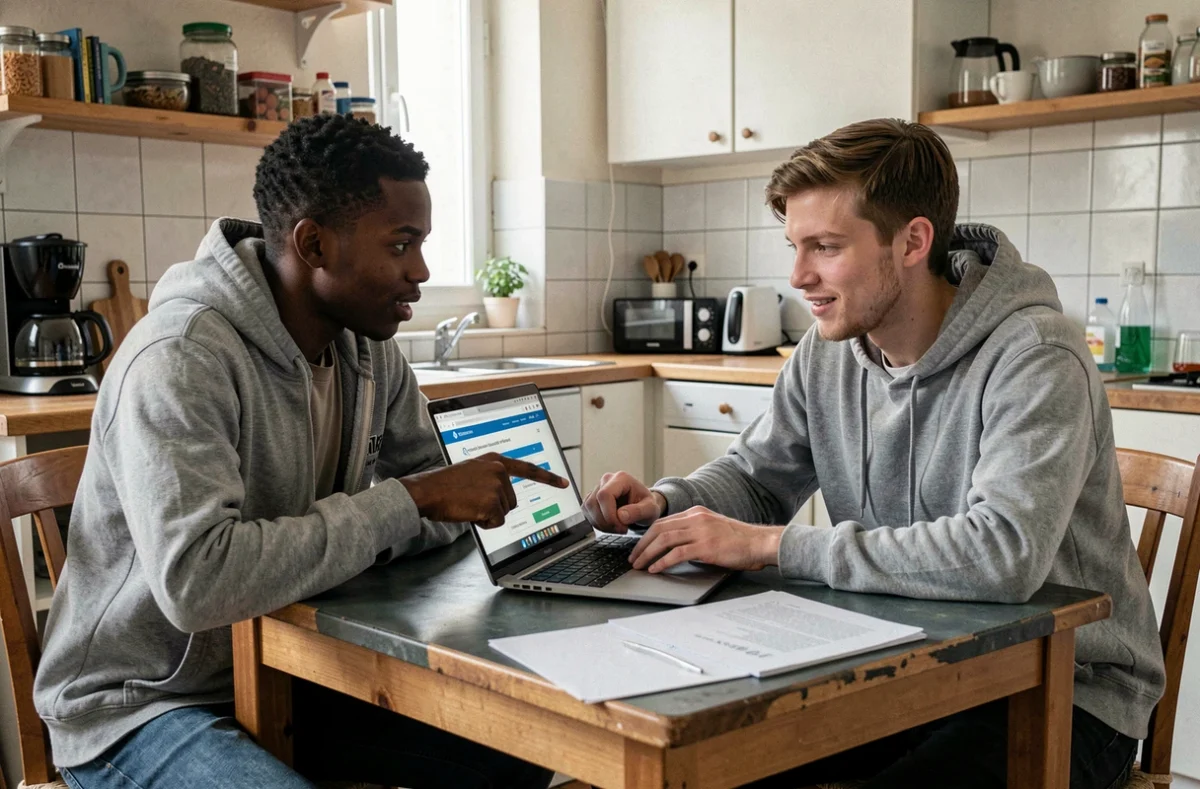Deux colocataires étudiants comparant des offres d'assurance habitation sur un ordinateur portable dans leur appartement partagé