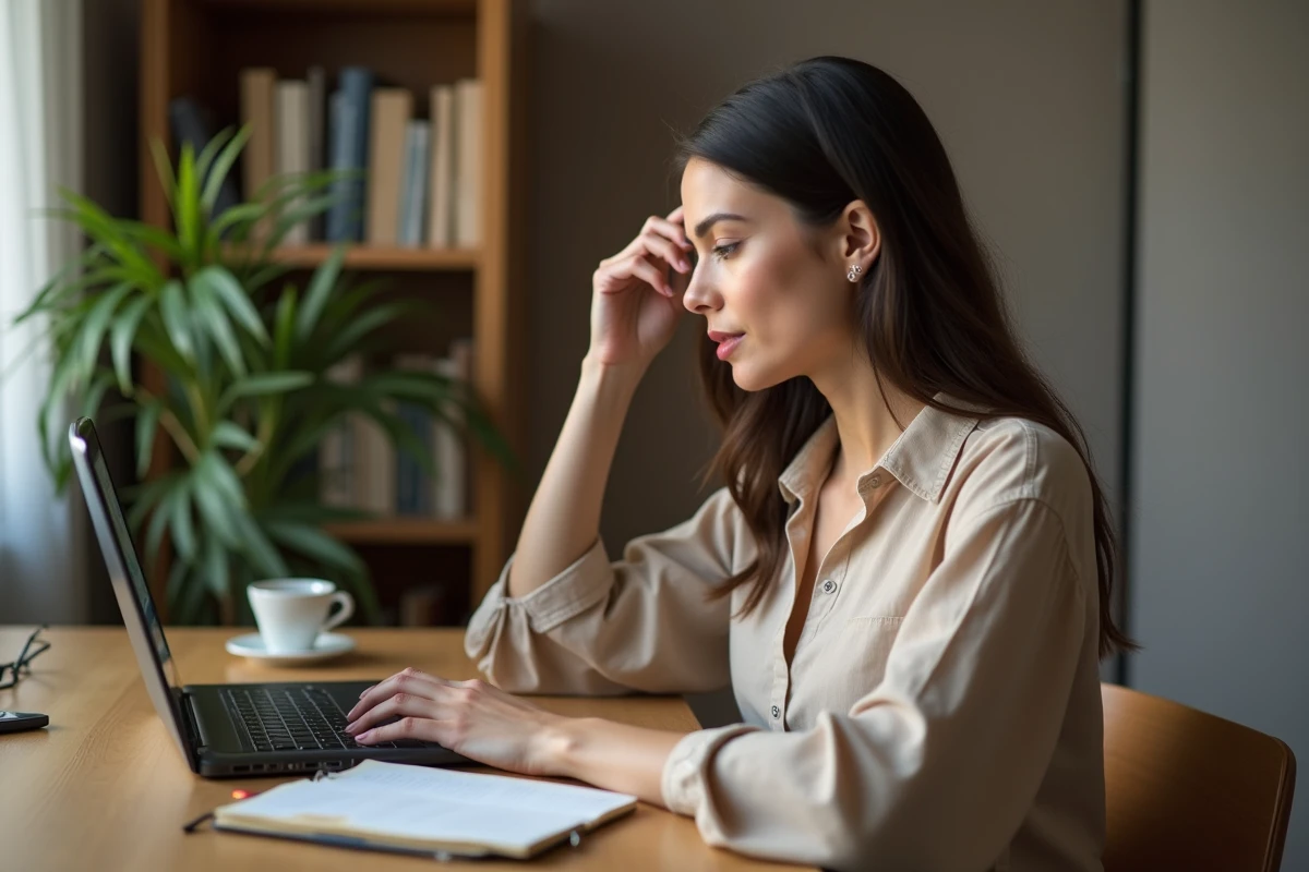Femme comparant deux applications de réseau social professionnel sur un ordinateur portable dans un bureau à domicile moderne
