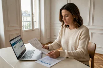 Femme comparant des offres d'assurance habitation sur laptop et documents papier dans un appartement moderne