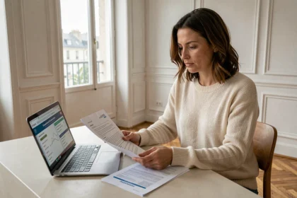 Femme comparant des offres d'assurance habitation sur laptop et documents papier dans un appartement moderne