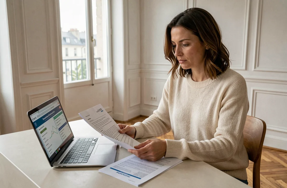 Femme comparant des offres d'assurance habitation sur laptop et documents papier dans un appartement moderne