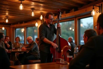 Concert de jazz en direct sur une péniche culturelle à Lyon, musicien jouant de la contrebasse devant un public assis dans une salle en bois au bord du Rhône