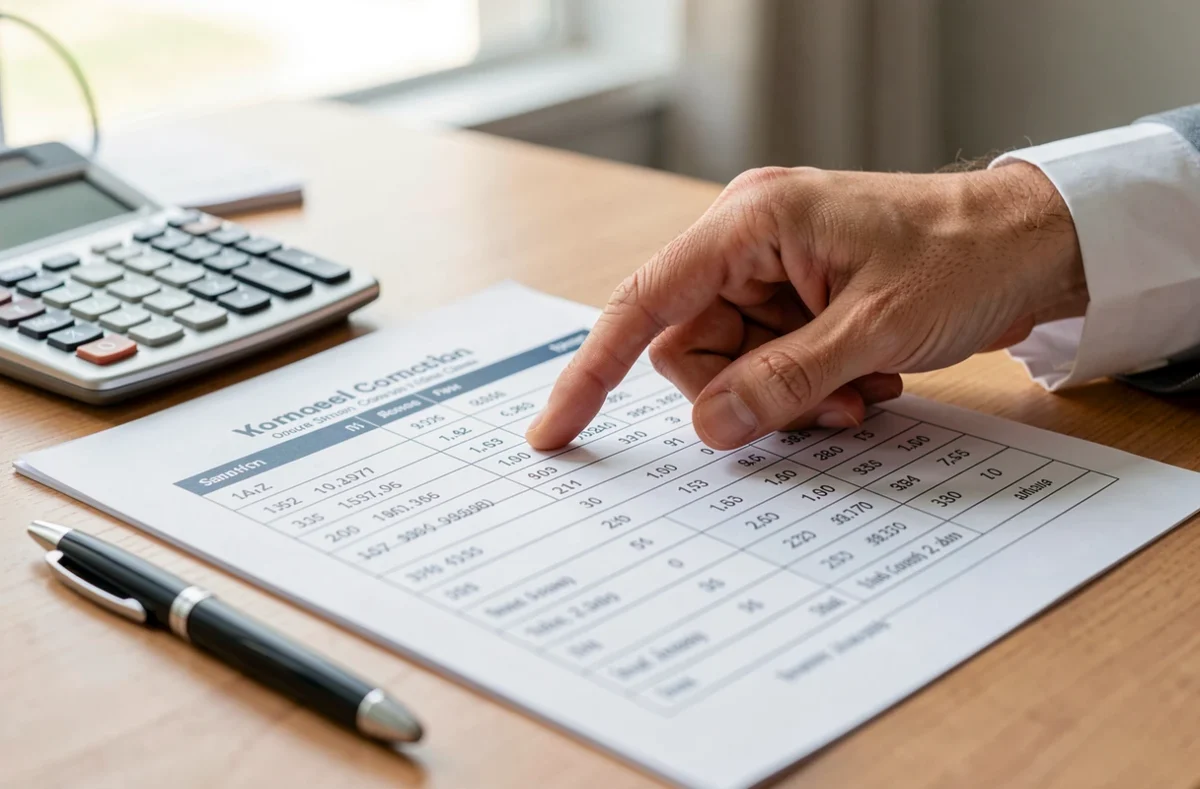 Conseiller bancaire pointant un tableau de taux sur un bureau
