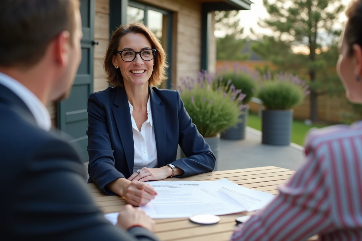 Conseillère immobilière présentant un contrat de cession de parcelle en PRL vendéen