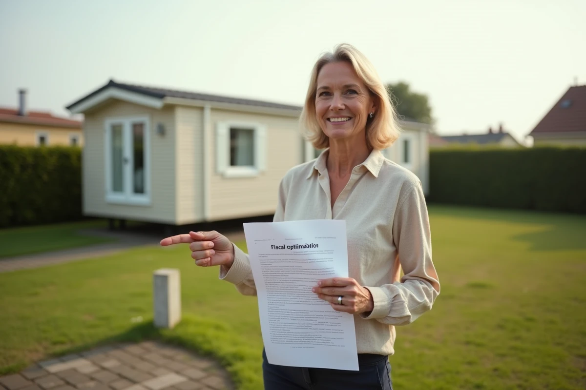 Conseillère fiscale expliquant les modalités d'optimisation fiscale lors d'une vente de terrain avec mobil-home