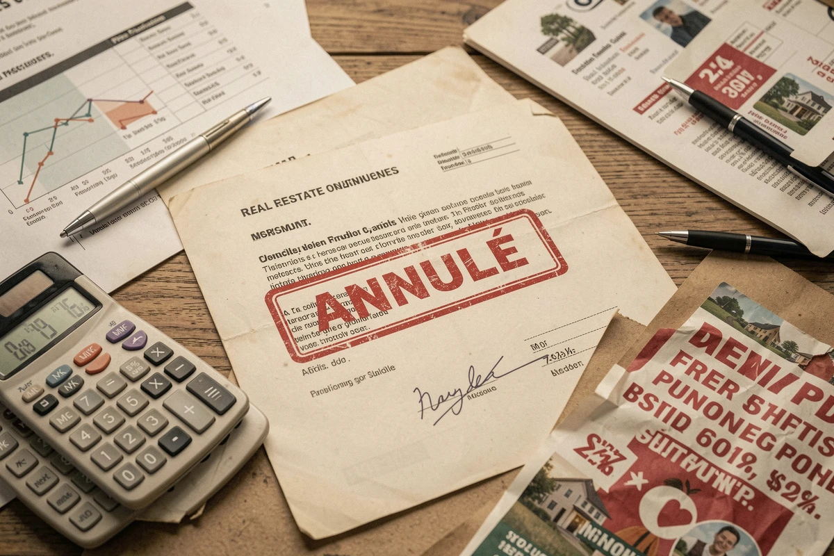 Vue en plongée d'un contrat immobilier annulé entouré de documents financiers trompeurs, illustrant les arnaques immobilières et les promesses de rendement excessives