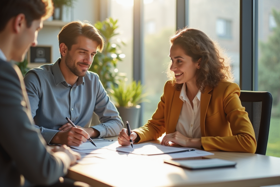 Jeune couple et agent immobilier signant un contrat de location dans un bureau lumineux