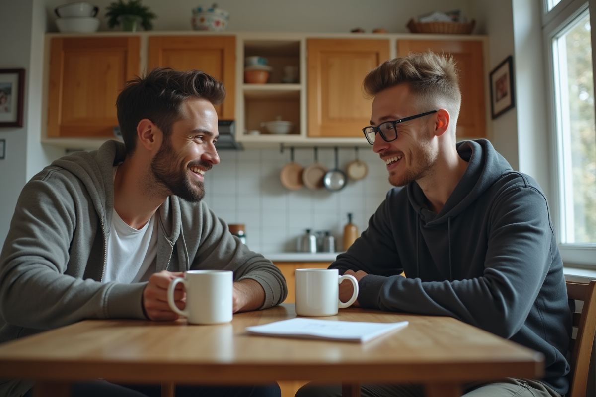 Deux jeunes hommes discutant dans une cuisine chaleureuse