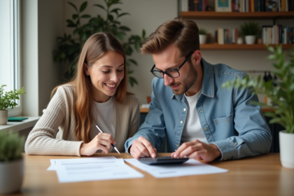 Jeune couple dans la cuisine examine des documents immobiliers
