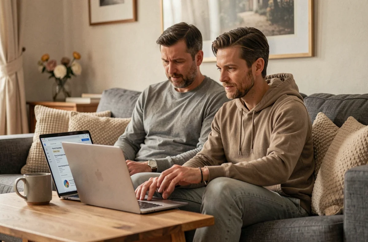 Couple comparant les avis clients sur l'assurance habitation La Banque Postale depuis leur salon