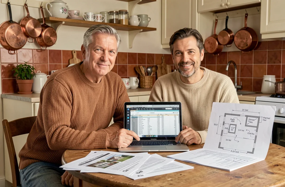 Couple étudiant les calculs de surface en m² de leur bien immobilier autour de documents et d'un ordinateur avant une renégociation de prix