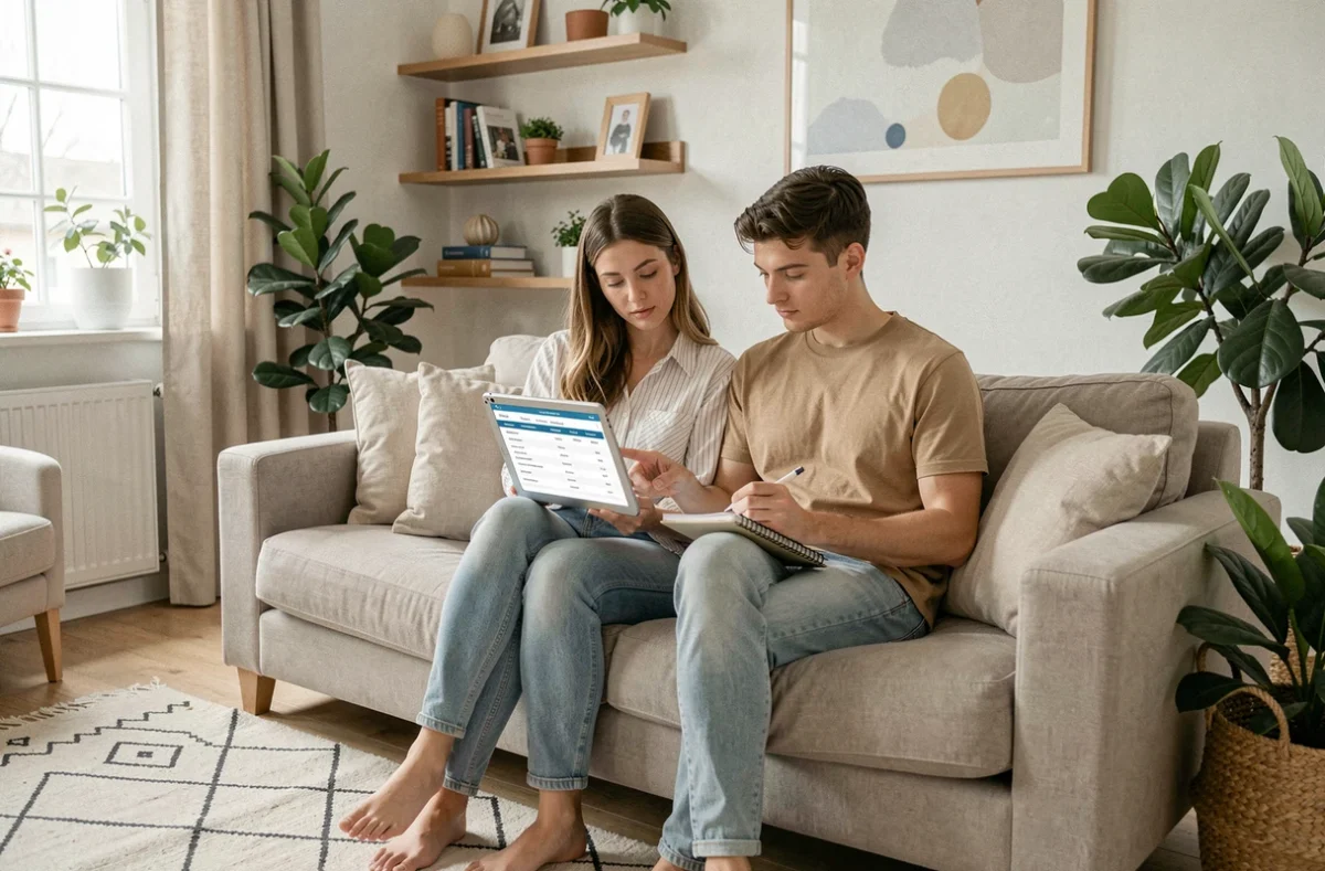Couple comparant des offres d'assurance habitation sur tablette dans leur nouveau salon