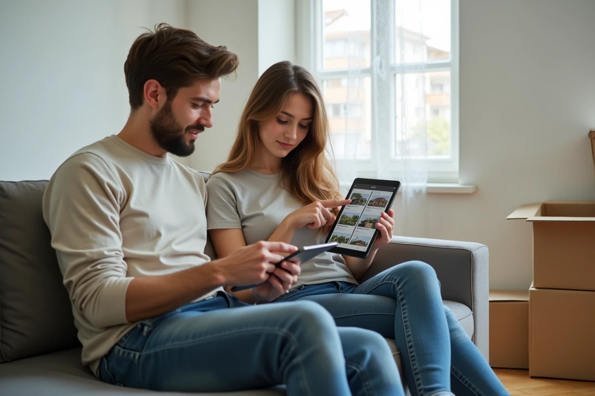 Jeune couple consultant des annonces de logement social sur une tablette numérique, assis dans un appartement modeste avec des cartons symbolisant une situation de mobilité résidentielle