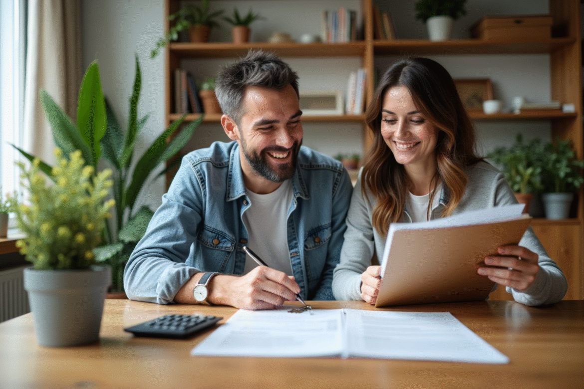 Couple confiant examinant des documents de prêt immobilier