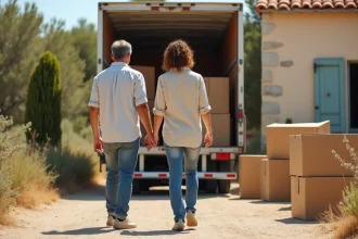 Couple fatigué devant un camion de déménagement devant une maison en pierre en Provence, illustrant les difficultés d'un déménagement dans le sud de la France