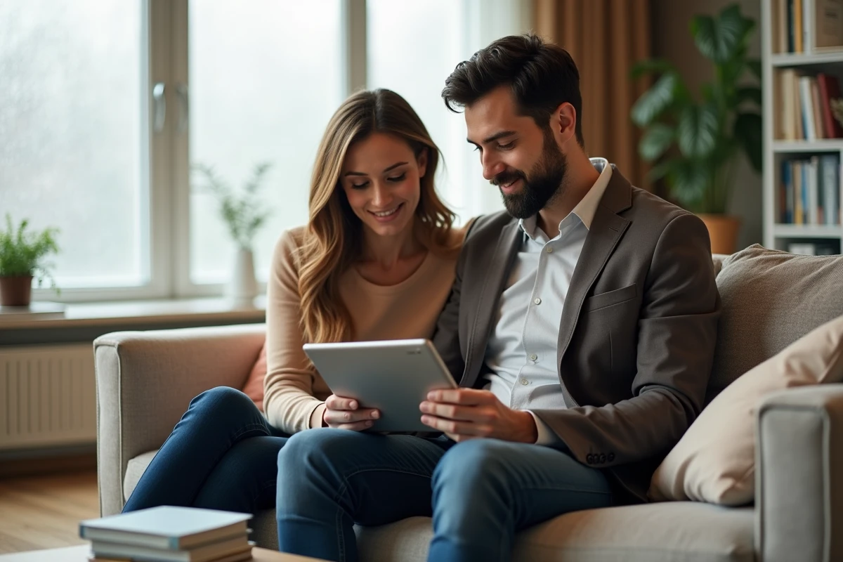 Couple de jeunes professionnels étudiant ensemble une formation en investissement immobilier sur une tablette