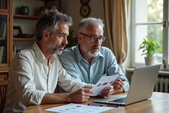 Couple français consultant un projet d'achat immobilier en Thaïlande depuis leur appartement parisien