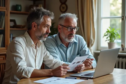 Couple français consultant un projet d'achat immobilier en Thaïlande depuis leur appartement parisien