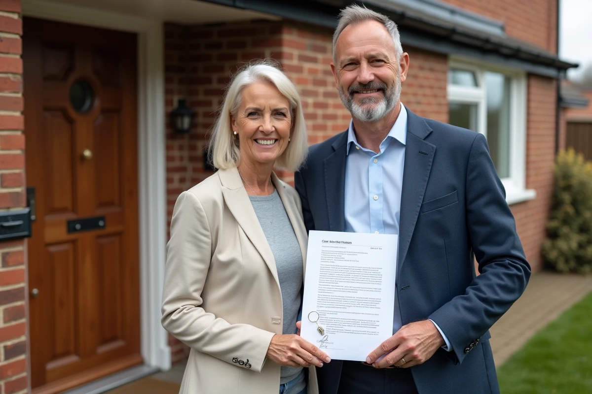 Couple devant maison avec documents et clés