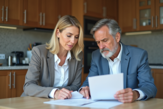 Couple d'adultes lisant des documents de prêt immobilier