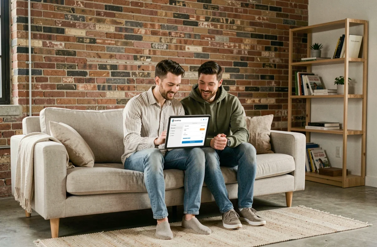 Couple de locataires comparant des offres d'assurance habitation sur une tablette dans leur appartement