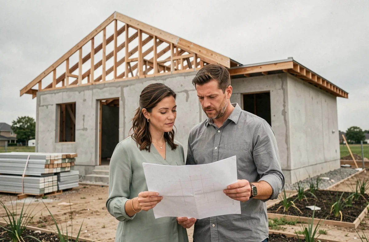 Couple de futurs propriétaires consultant les plans devant leur maison en construction neuve