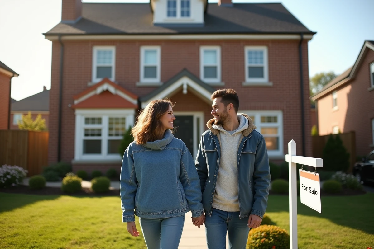 Jeune couple devant une maison à vendre dans un quartier résidentiel