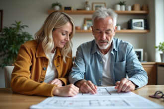 Couple attentif examinant des plans d'appartement à la maison