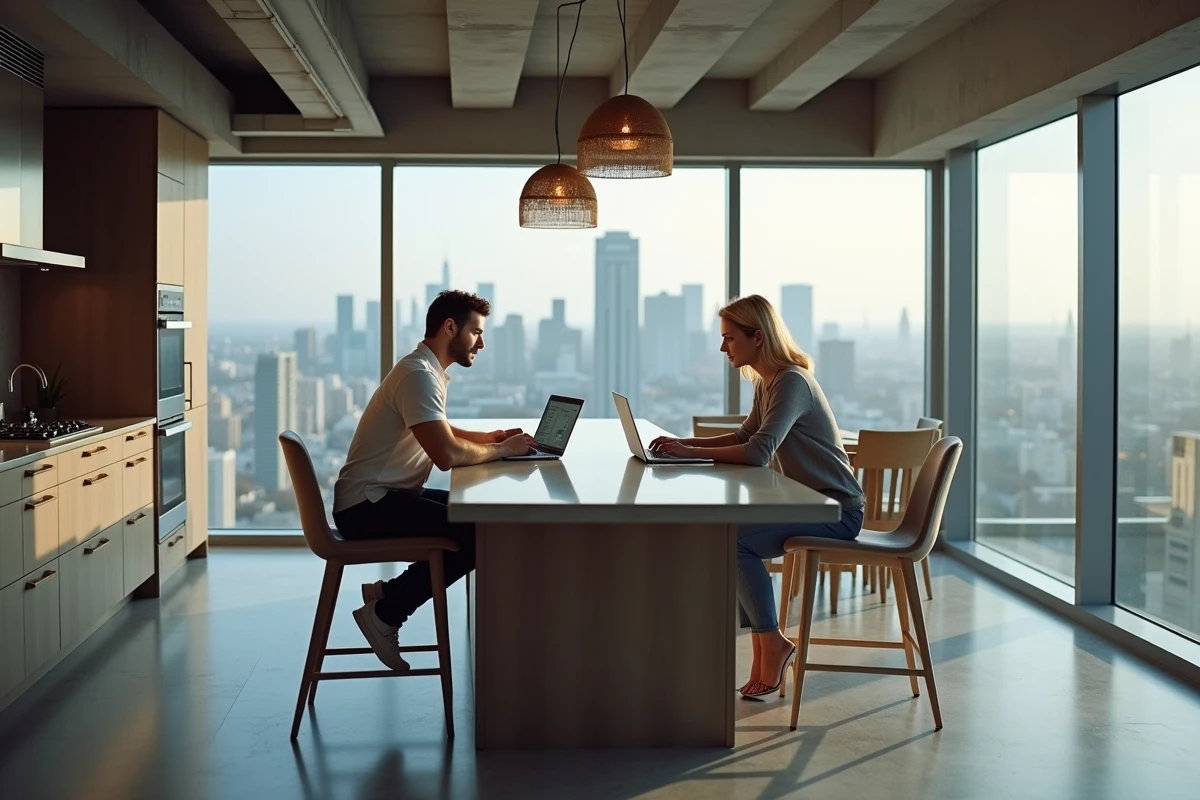 Couple propriétaire consultant une estimation immobilière gratuite en ligne dans un appartement de luxe contemporain