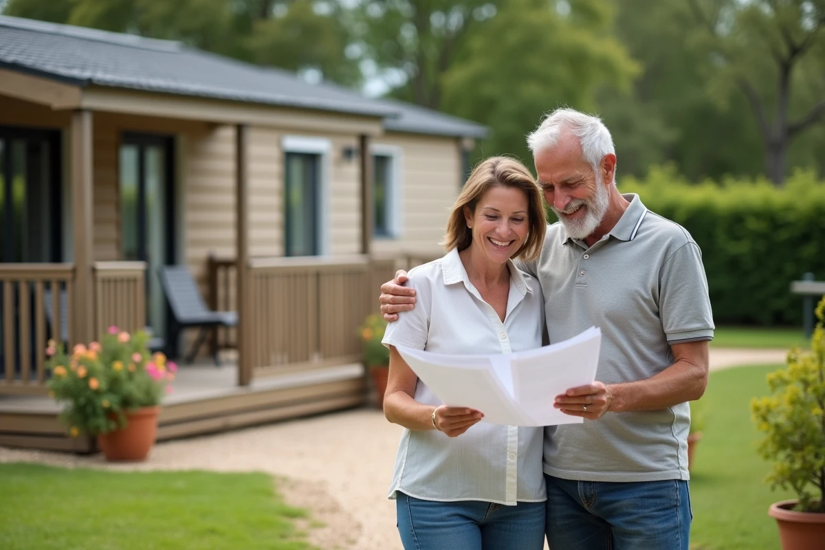 Couple de propriétaires devant leur chalet en PRL en Vendée avec cession de parcelle