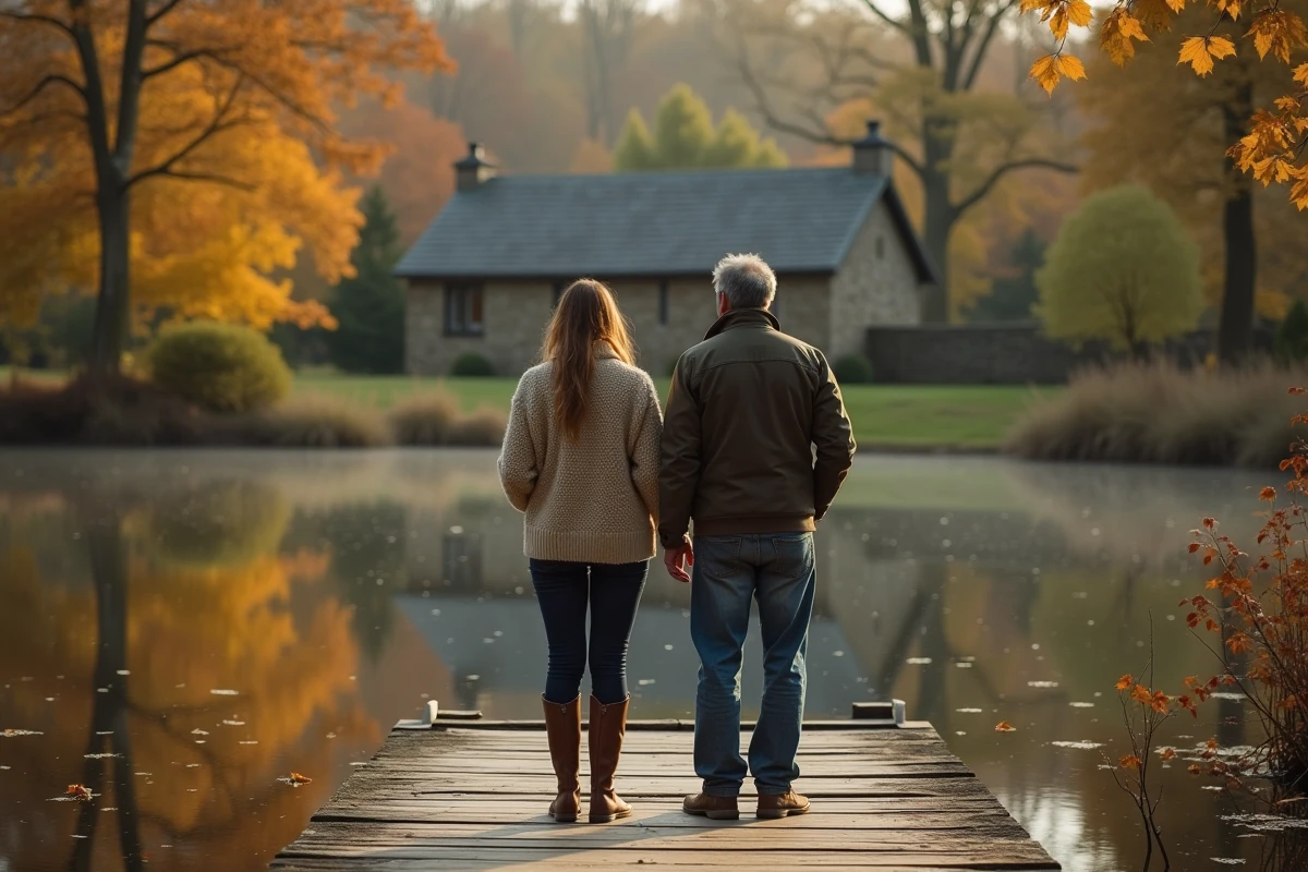 Couple de propriétaires sur un ponton en bois au bord de leur étang privé en automne, paysage champêtre avec arbres dorés et reflets sur l'eau, achat étang investissement loisir