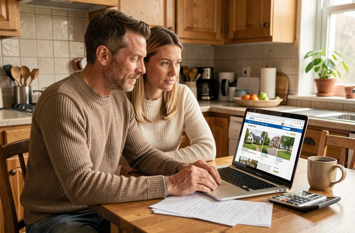 Un couple prépare la négociation du loyer d'une maison en location entre particuliers en recherchant des informations en ligne