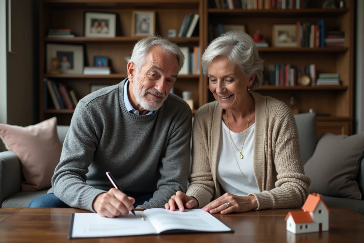 Couple de seniors en remariage consultant des documents juridiques sur l'héritage de leur maison familiale