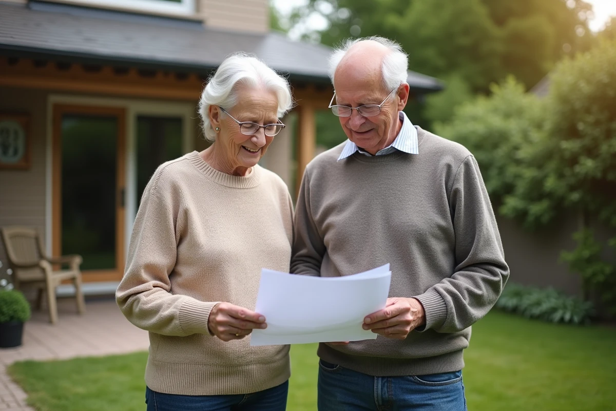 Couple d aînés dans leur jardin consulte des documents de prêt immobilier