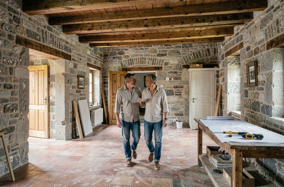 Couple visitant une ancienne maison de caractère en pierre en cours de rénovation, découvrant les détails architecturaux authentiques