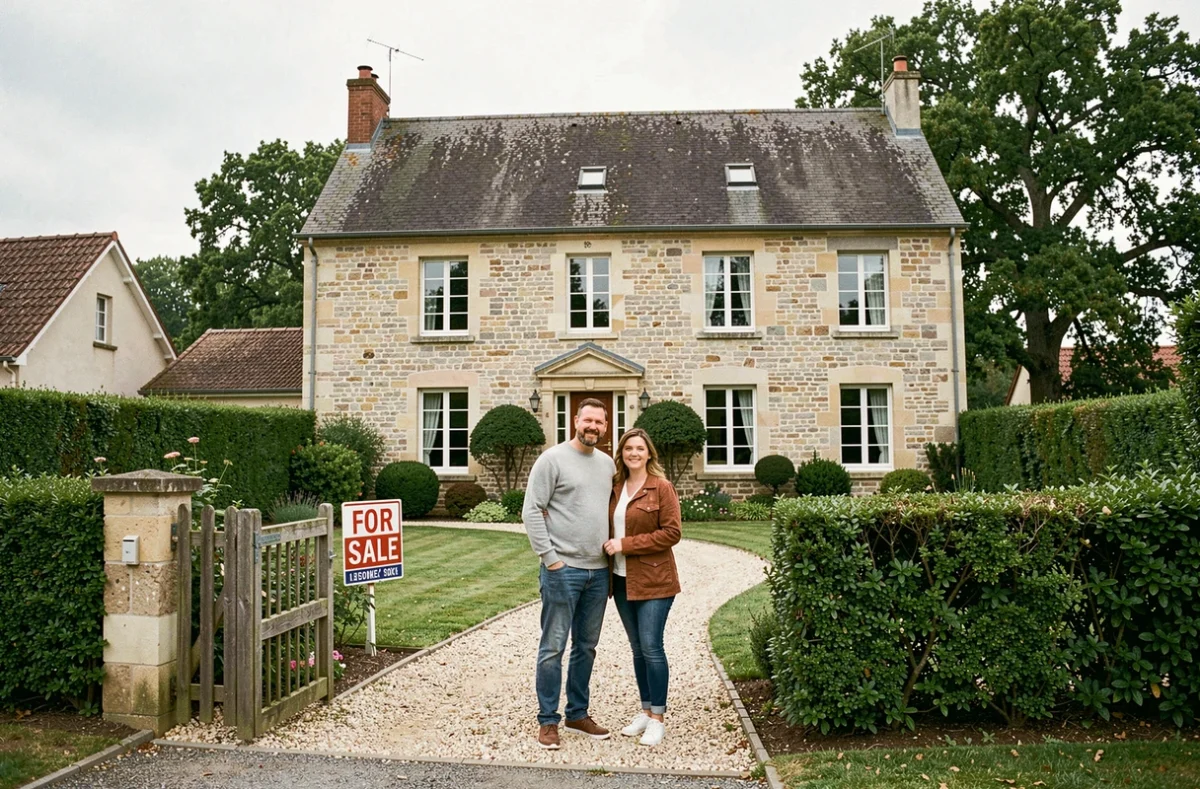 Couple visitant une maison à vendre dans un quartier pavillonnaire français au printemps 2026