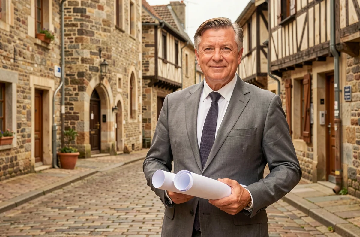 Conseiller de De Coquereaumont Immobilier dans la rue historique de Châteaubriant avec l'architecture médiévale en arrière-plan