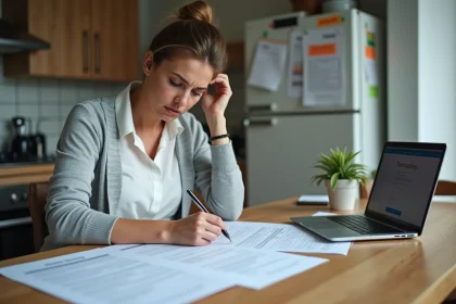 Femme remplissant un dossier de demande de logement social à son domicile, entourée de formulaires administratifs et d'un ordinateur portable ouvert sur un portail de logement en ligne