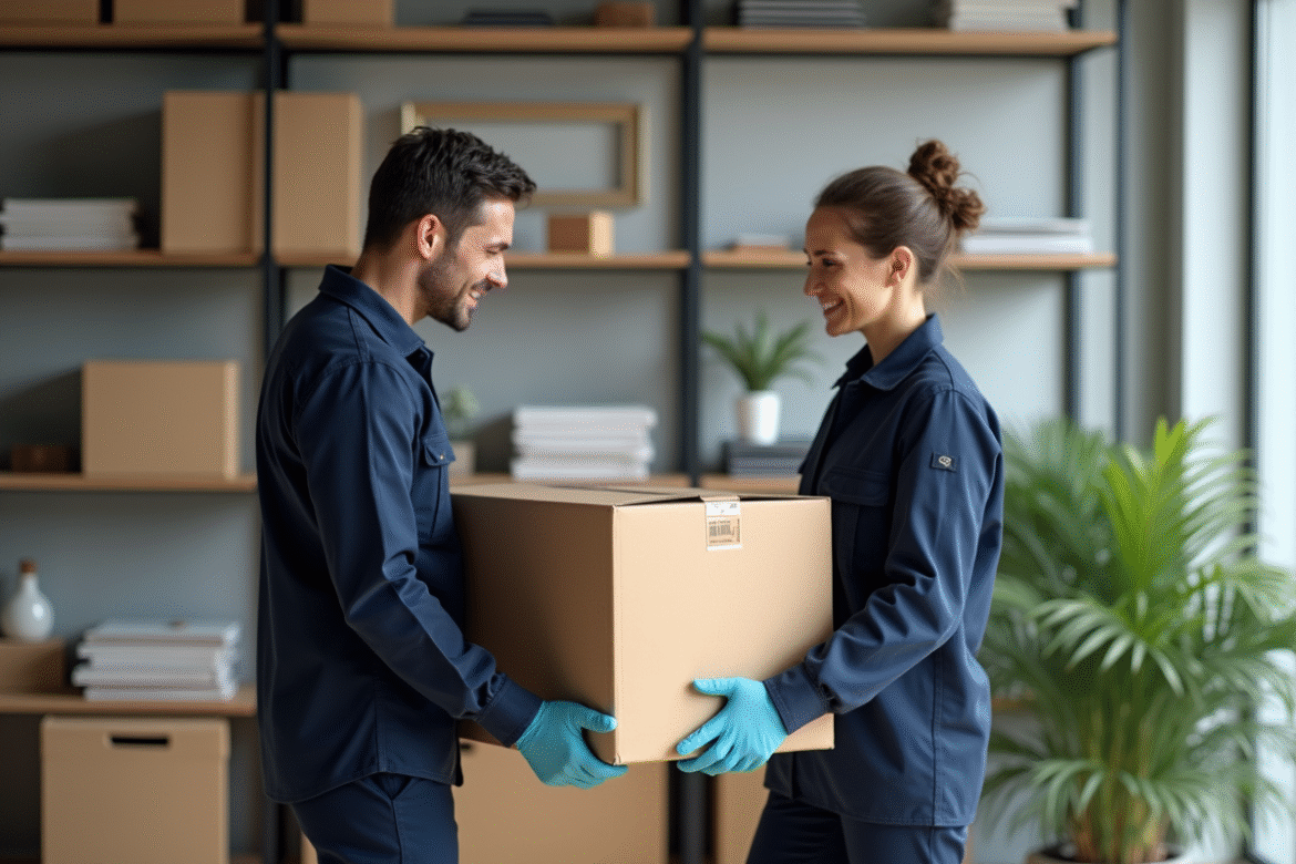 Deux déménageurs professionnels en action dans un bureau moderne
